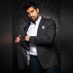 Au Noir Ryan Black Textured Stretch Blazer Size 54R Designer Lined Jacket